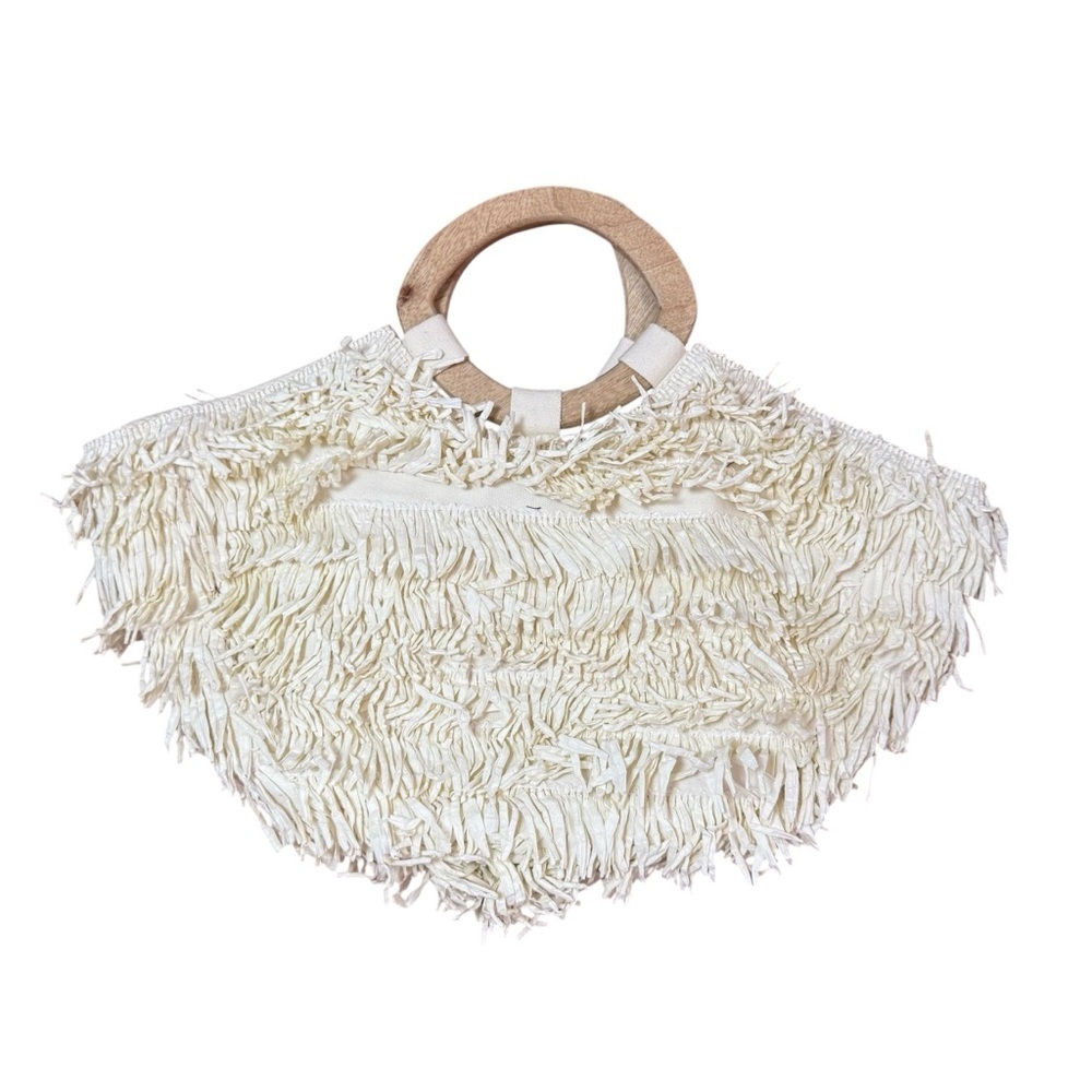 Anthropologie Raffia Fringe Wooden Handle Tote Bag Boho Natural